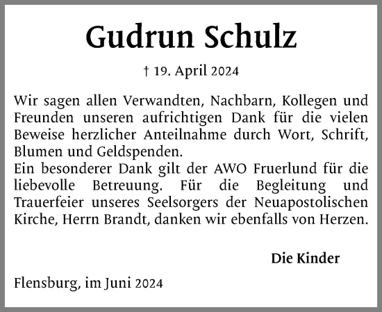 Traueranzeige von Gudrun Schulz von Flensburger Tageblatt
