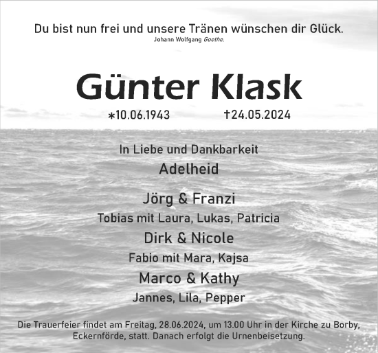 Traueranzeige von Günter Klask von Eckernförder Zeitung, Hallo Eckernförde