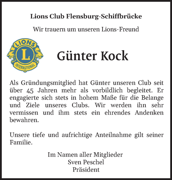 Traueranzeige von Günter Kock von Flensburger Tageblatt