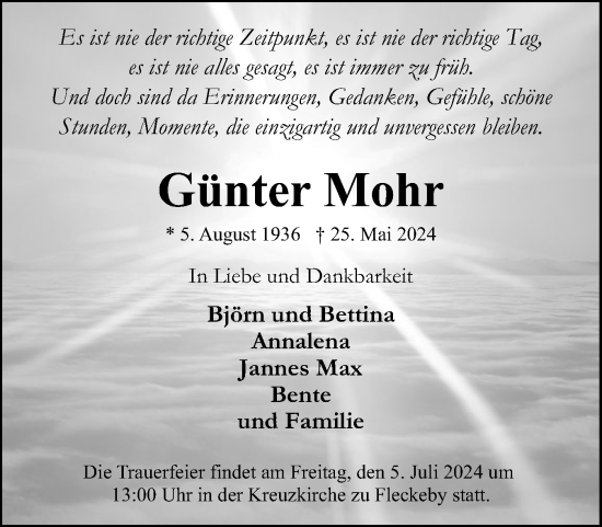 Traueranzeige von Günter Mohr von Eckernförder Zeitung, Hallo Eckernförde