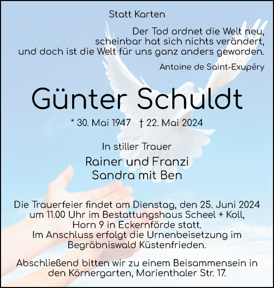 Traueranzeige von Günter Schuldt von Eckernförder Zeitung, Hallo Eckernförde