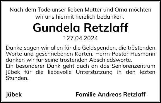 Traueranzeige von Gundela Retzlaff von Region Flensburg