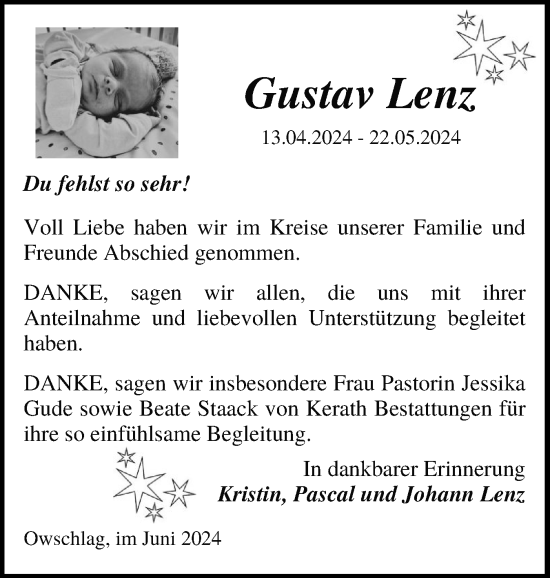Traueranzeige von Gustav Lenz von Schleswig-Holsteinische Landeszeitung