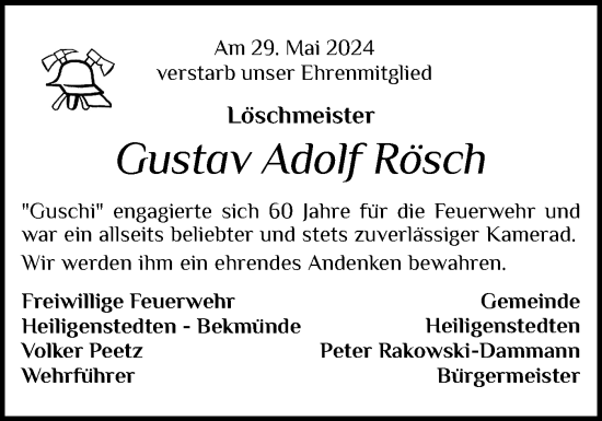 Traueranzeige von Gustav Adolf Rösch von Norddeutsche Rundschau, Wilstersche Zeitung, Glückstädter Fortuna