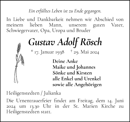 Traueranzeige von Gustav Adolf Rösch von Norddeutsche Rundschau, Wilstersche Zeitung, Glückstädter Fortuna
