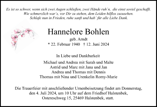 Traueranzeige von Hannelore Bohlen von Region Pinneberg und tip Pinneberg