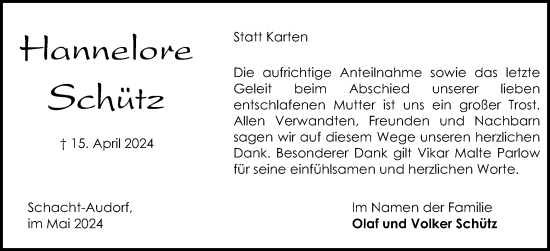 Traueranzeige von Hannelore Schütz von Schleswig-Holsteinische Landeszeitung