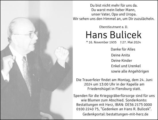 Traueranzeige von Hans Bulicek von Flensburger Tageblatt