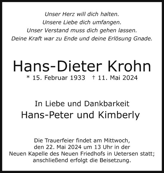 Traueranzeige von Hans-Dieter Krohn von Uetersener Nachrichten, Der tip am Wochenende