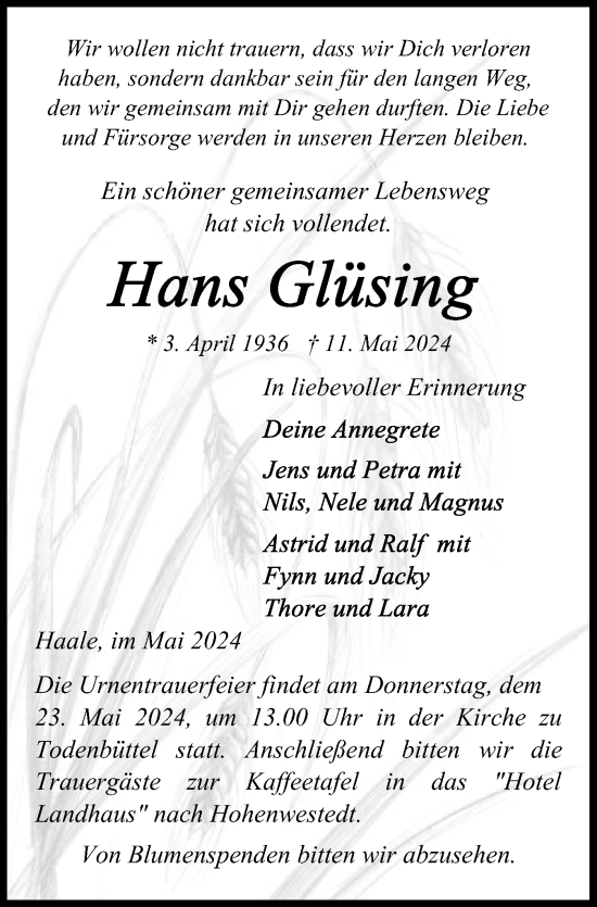 Traueranzeige von Hans Glüsing von Schleswig-Holsteinische Landeszeitung