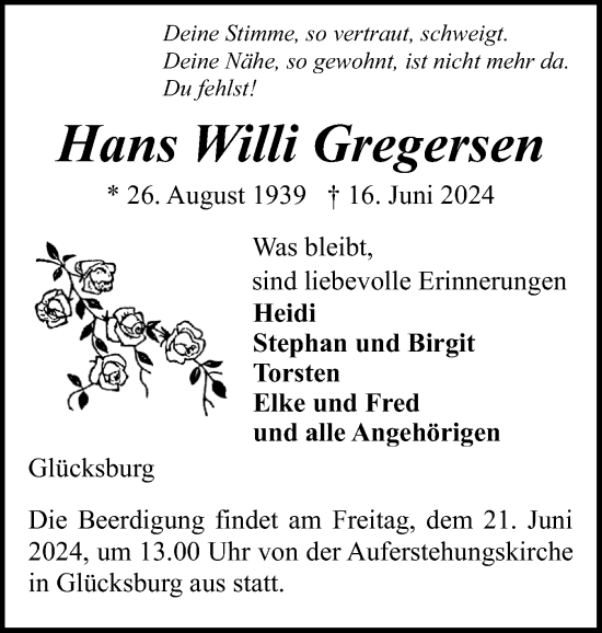 Traueranzeige von Hans  Gregersen von Flensburger Tageblatt