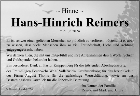 Traueranzeige von Hans-Hinrich Reimers von Husumer Nachrichten, Nordfriesland Tageblatt