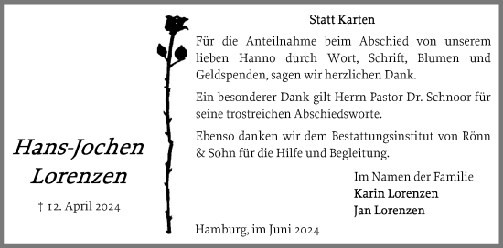 Traueranzeige von Hans-Jochen Lorenzen von Schleswiger Nachrichten, Schlei-Bote