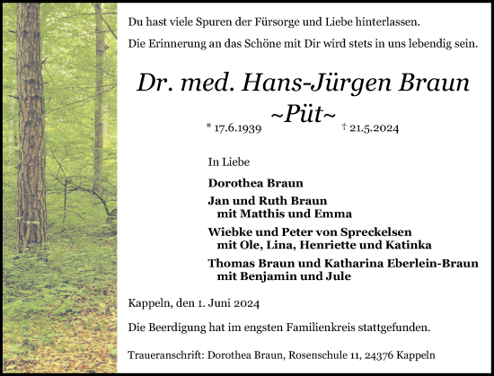 Traueranzeige von Hans-Jürgen Braun von Schleswiger Nachrichten, Schlei-Bote