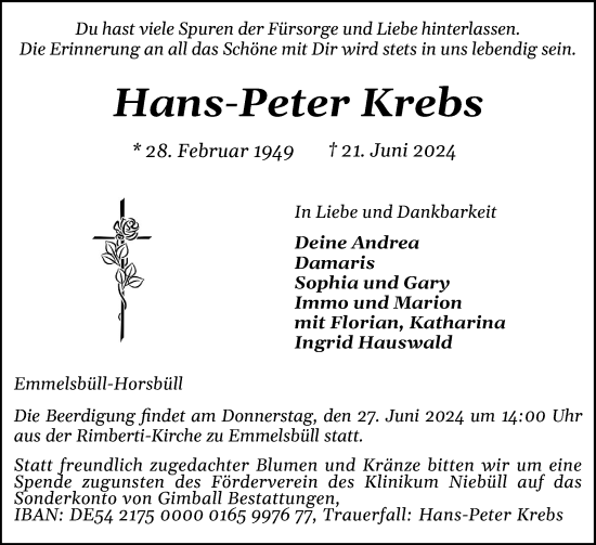 Traueranzeige von Hans-Peter Krebs von Husumer Nachrichten, Nordfriesland Tageblatt