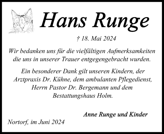 Traueranzeige von Hans Runge von Schleswig-Holsteinische Landeszeitung