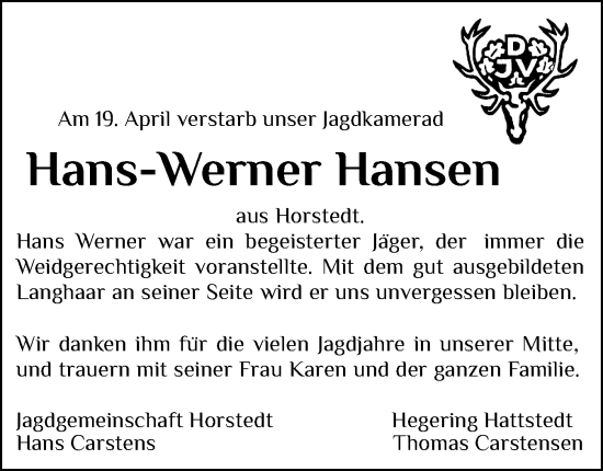 Traueranzeige von Hans-Werner Hansen von Husumer Nachrichten, Nordfriesland Tageblatt