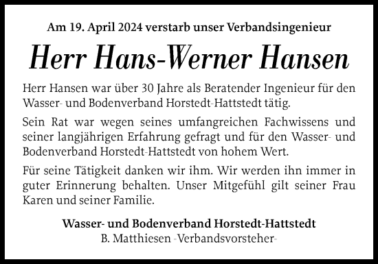 Traueranzeige von Hans-Werner Hansen von Husumer Nachrichten, Nordfriesland Tageblatt