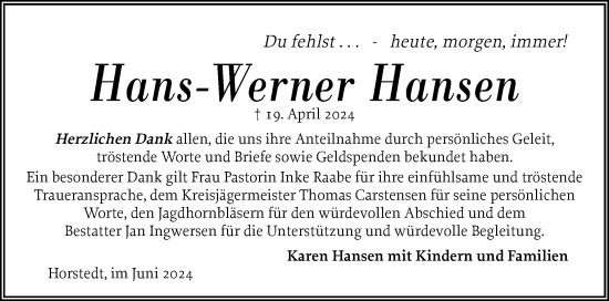 Traueranzeige von Hans-Werner Hansen von Husumer Nachrichten, Nordfriesland Tageblatt