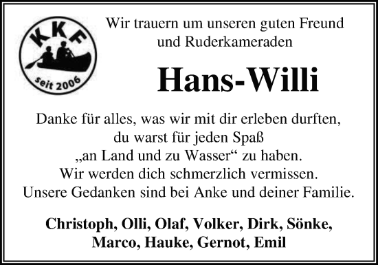 Traueranzeige von Hans-Willi  von Flensburger Tageblatt, Schleswiger Nachrichten, Schlei-Bote