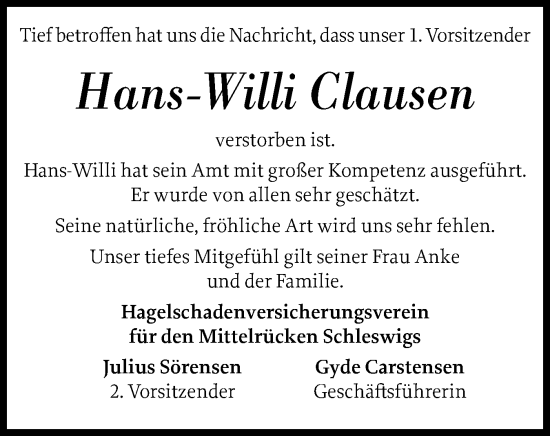Traueranzeige von Hans-Willi Clausen von Region Flensburg