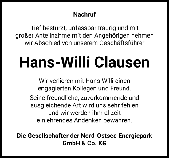 Traueranzeige von Hans-Willi Clausen von Flensburger Tageblatt, Schleswiger Nachrichten, Schlei-Bote