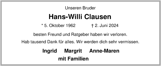 Traueranzeige von Hans-Willi Clausen von Flensburger Tageblatt, Schleswiger Nachrichten, Schlei-Bote