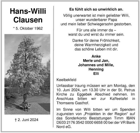 Traueranzeige von Hans-Willi Clausen von Flensburger Tageblatt, Schleswiger Nachrichten, Schlei-Bote