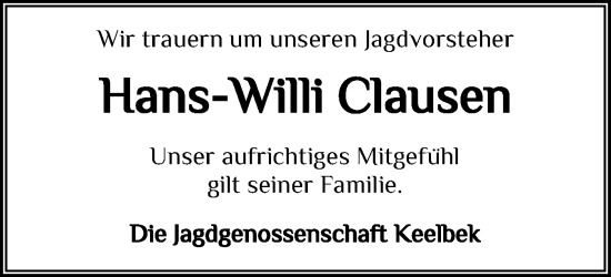 Traueranzeige von Hans-Willi Clausen von Flensburger Tageblatt