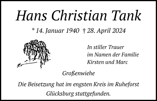 Traueranzeige von Hans Christian Tank von Flensburger Tageblatt