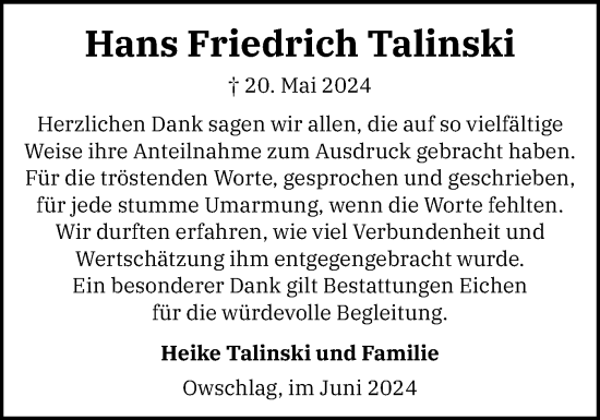 Traueranzeige von Hans Friedrich Talinski von Schleswig-Holsteinische Landeszeitung