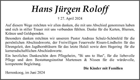 Traueranzeige von Hans Jürgen Roloff von Region Westküste