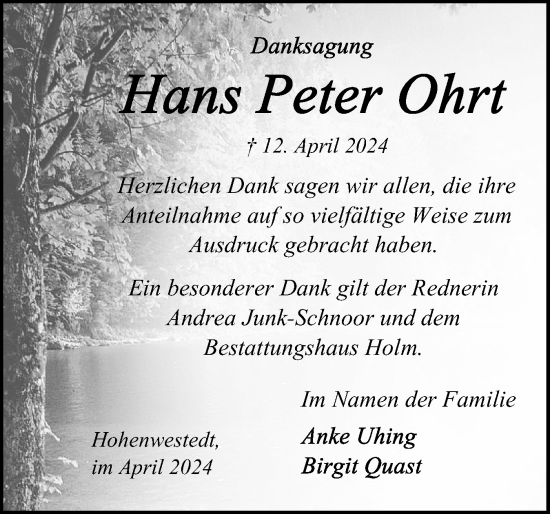 Traueranzeige von Hans Peter Ohrt von Schleswig-Holsteinische Landeszeitung