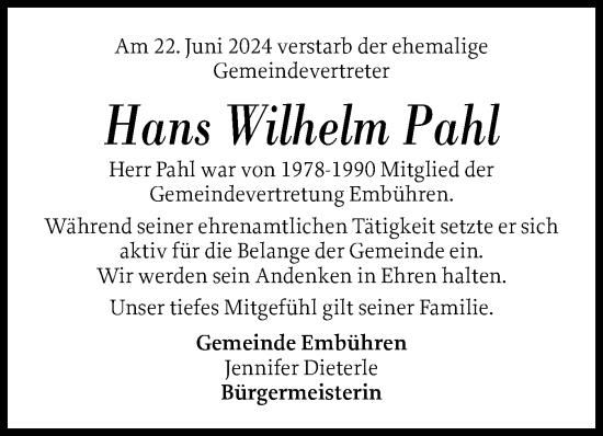 Traueranzeige von Hans Wilhelm Pahl von Schleswig-Holsteinische Landeszeitung