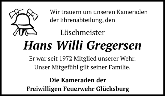 Traueranzeige von Hans Willi Gregersen von Flensburger Tageblatt