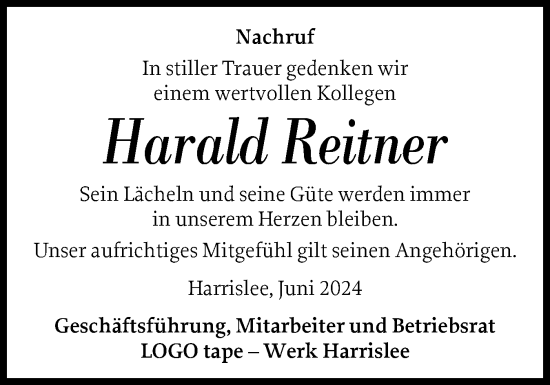 Traueranzeige von Harald Reitner von Flensburger Tageblatt