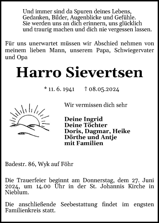 Traueranzeige von Harro Sievertsen von Der Insel-Bote