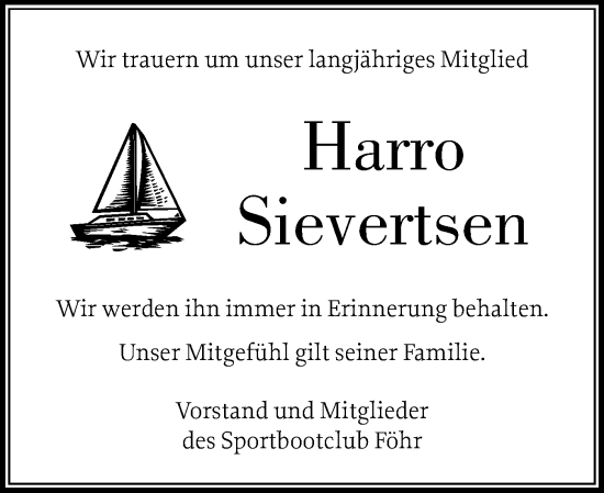 Traueranzeige von Harro Sievertsen von Der Insel-Bote