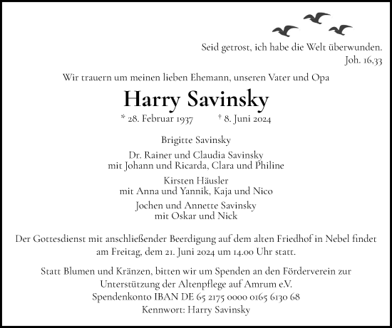 Traueranzeige von Harry Savinsky von Der Insel-Bote