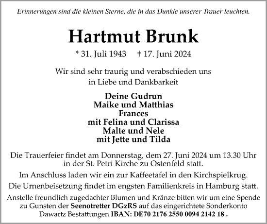 Traueranzeige von Hartmut Brunk von Husumer Nachrichten, Nordfriesland Tageblatt