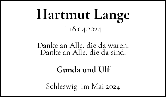 Traueranzeige von Hartmut Lange von Schleswiger Nachrichten, Schlei-Bote