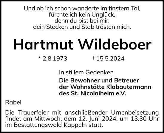Traueranzeige von Hartmut Wildeboer von Schleswiger Nachrichten, Schlei-Bote
