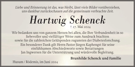 Traueranzeige von Hartwig Schenck von Husumer Nachrichten, Nordfriesland Tageblatt