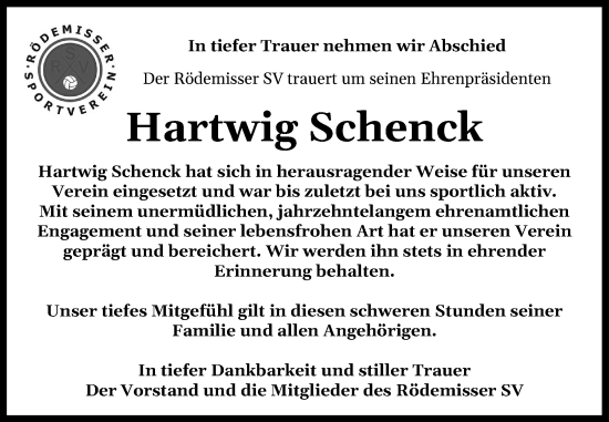 Traueranzeige von Hartwig Schenck von Region Westküste