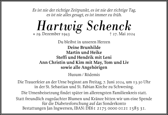 Traueranzeige von Hartwig Schenck von Husumer Nachrichten, Nordfriesland Tageblatt