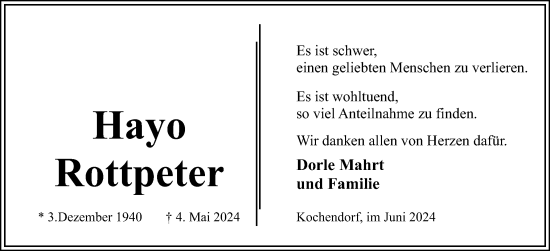 Traueranzeige von Hayo Rottpeter von Eckernförder Zeitung, Hallo Eckernförde
