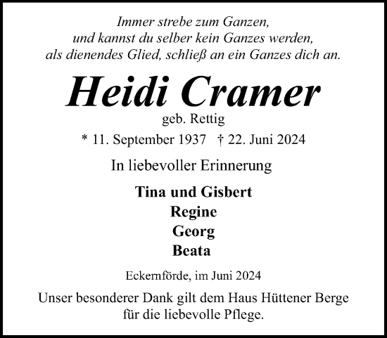 Traueranzeige von Heidi Cramer von Eckernförder Zeitung, Hallo Eckernförde