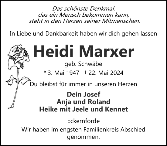 Traueranzeige von Heidi Marxer von Eckernförder Zeitung, Hallo Eckernförde