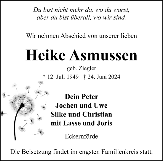 Traueranzeige von Heike Asmussen von Eckernförder Zeitung, Hallo Eckernförde