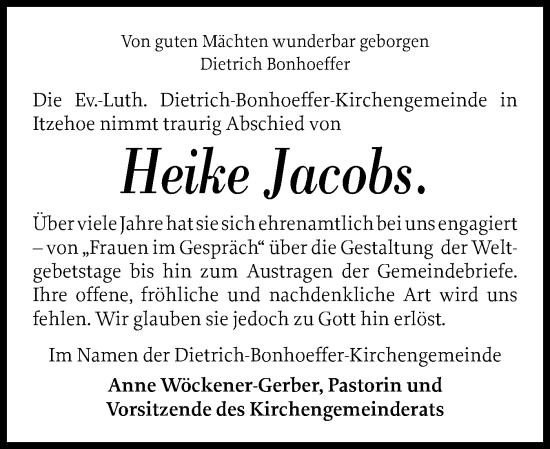 Traueranzeige von Heike Jacobs von Norddeutsche Rundschau, Wilstersche Zeitung, Glückstädter Fortuna